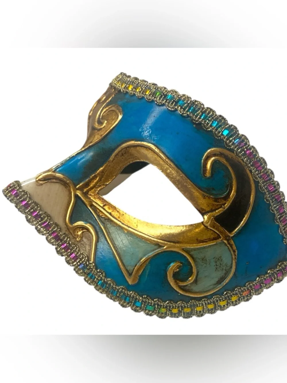 Vintage Venetian Half Face Mask Blue & Gold Hand Painted Italy Musical Notes